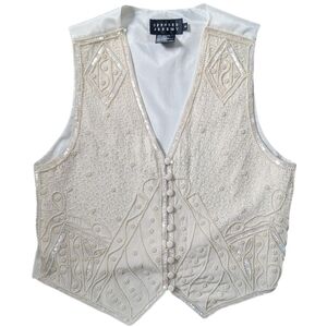 Vintage 90s Romantic Pearl Beaded Embellished Preppy Silk Tailored Vest